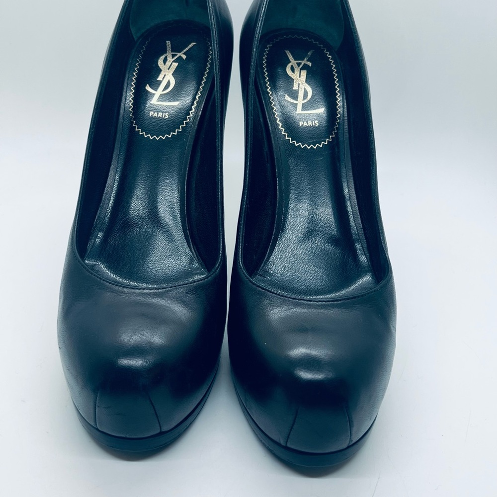 Yves Saint Laurent YSL Black Leather Tribtoo Platform Heels Size 8 US/38 EU